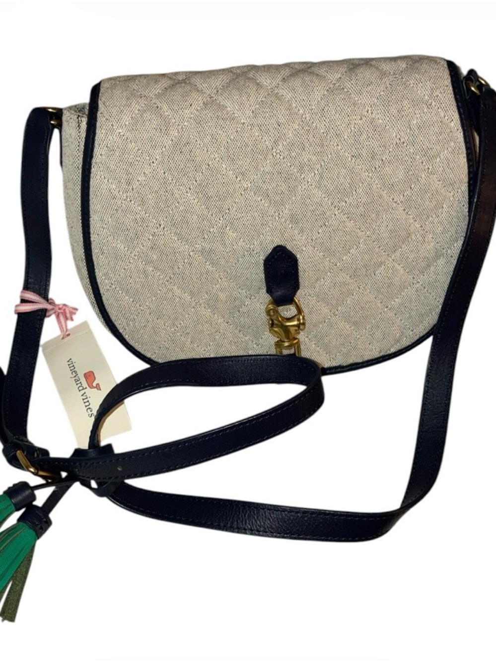 NWT‎ Vineyard Vines Quilted Beige and Navy Crossbody Saddle Bag